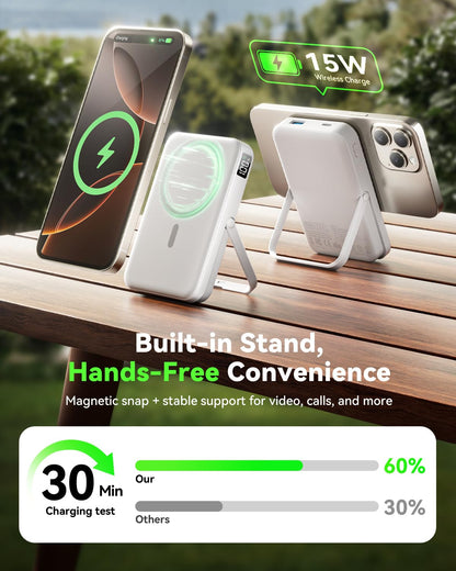 for Magsafe Battery Pack 10000mAh Power Bank with Foldable Stand Portable Charger,PD 22.5W Fast Charge,Travel Essential Wireless Charger for iPhone 17/16/15/14/13/12 Series–Black