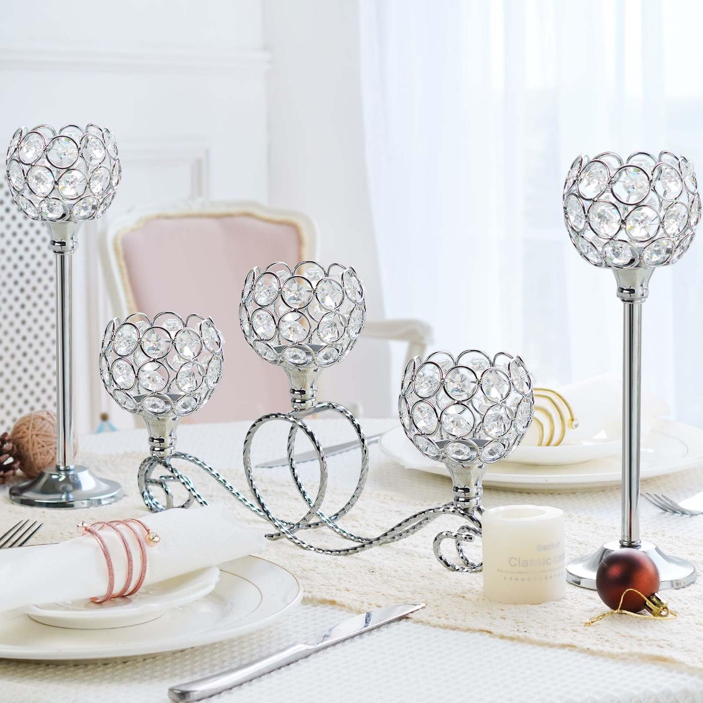 Silver Set of 6 Metal Crystal Tea Light Candle Holder, Elegant Wedding Table Centerpiece Candle Holder, Christmas Wishing Crystal Bowl Candle Holder Suitable for Wedding Party Living Room Decoration