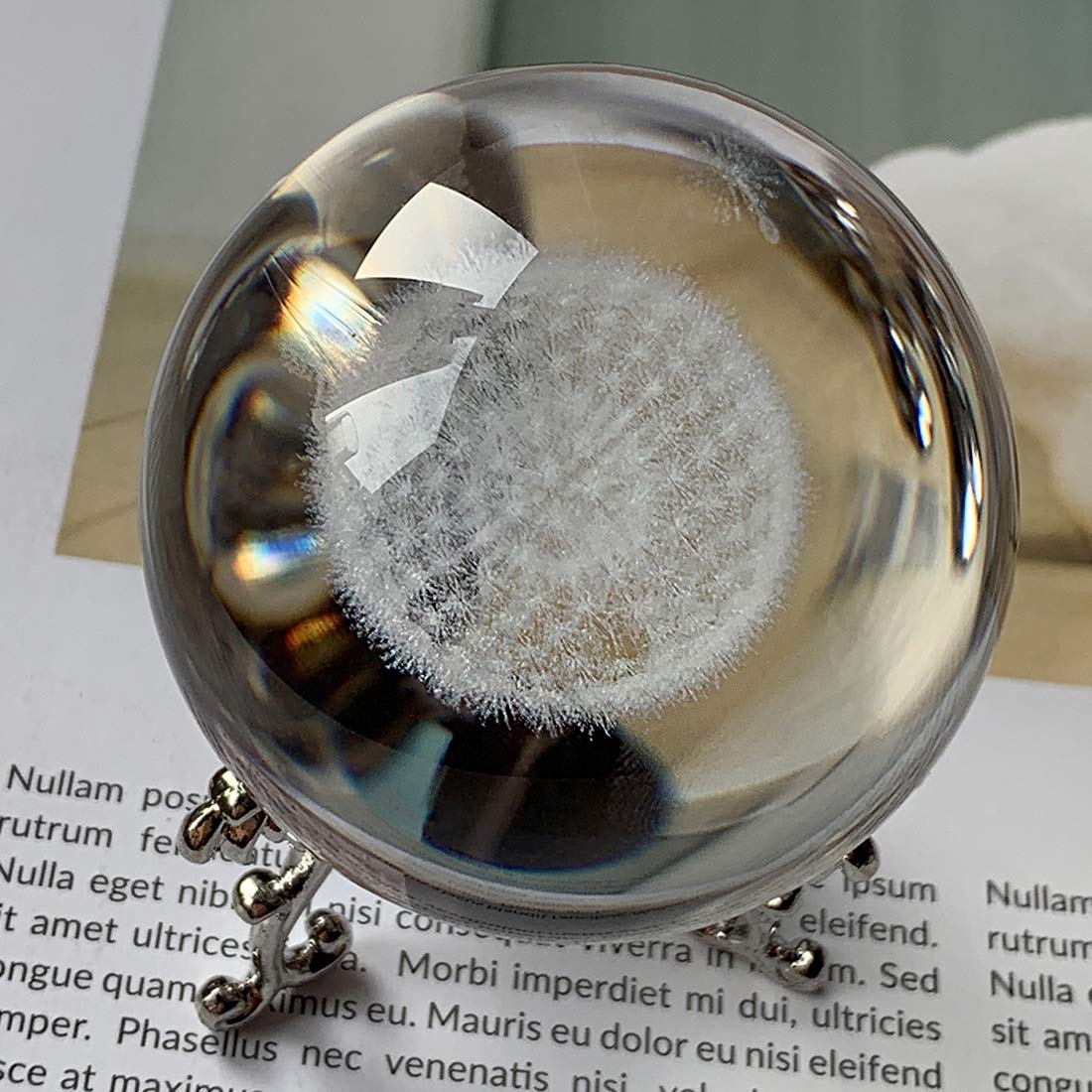 HDCRYSTALGIFTS 60mm Dandelion Crystal Ball Paperweight with Stand Gift for Women Mom 3D Laser Engraved Glass Plant Decorative Ball Full Sphere Home Office Desktop Decor