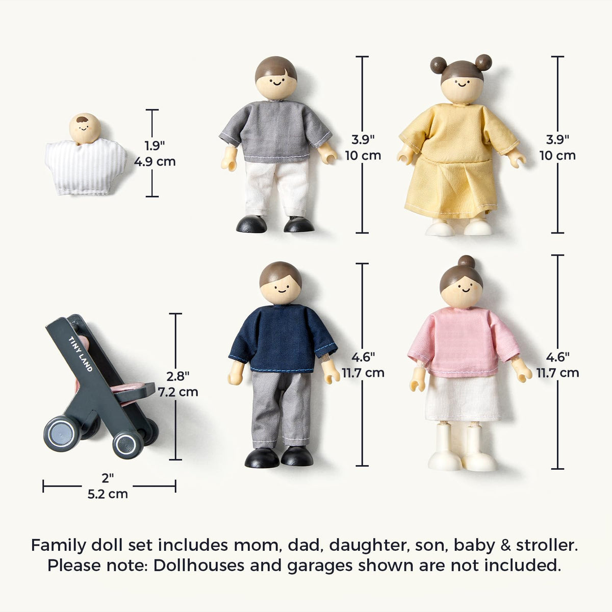 Tiny Land Modern Wooden Dollhouse & 5-Piece Poseable Wooden Doll Family People Set