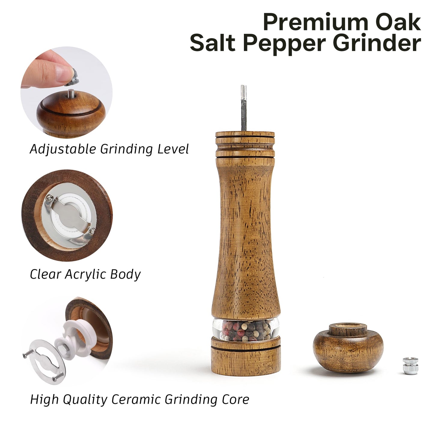 M JINGMEI Wood Salt and Pepper Grinder, Salt Grinder and Pepper Mill, Oak Wood Shakers with Adjustable Ceramic Grinders - 8 inches, 1 Pack