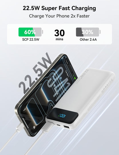 Portable Charger, 10000mAh 22.5W Fast Charging Power Bank with 4 Built-in Cables, Travel Essentials Battery Pack with LED Display, 6 Outputs Charging Bank Compatible with iPhone, iPad, Samsung White