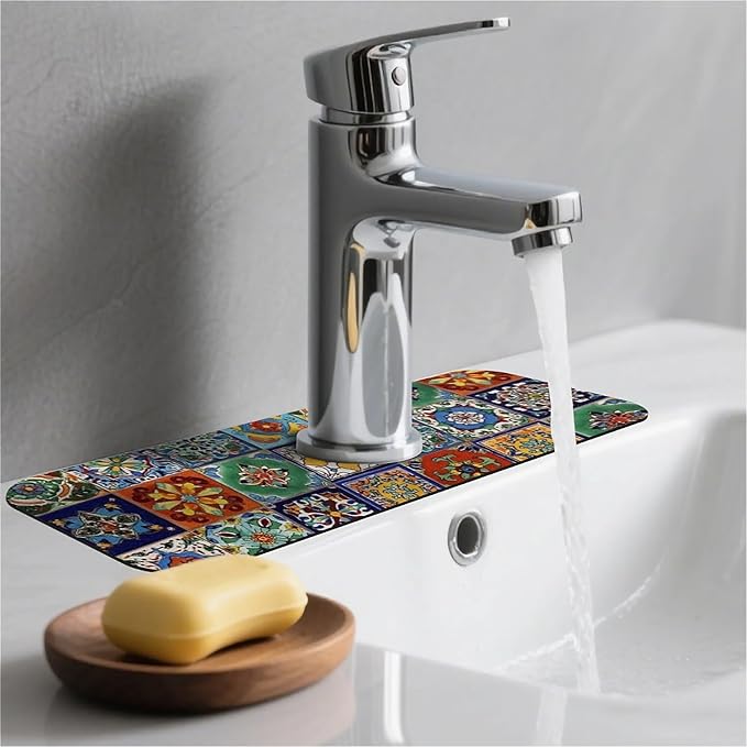 Kitchen Sink Splash Guard，Colorful Mexican tile Faucet Mat Sink Gadgets-Super