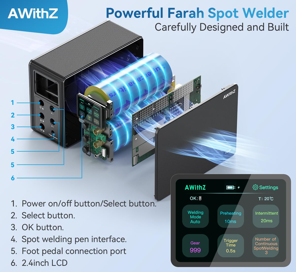 Battery Spot Welder, AWithZ 29.2 KW Capacitor Spot Welder, 2-in-1 Automatic & Foot Pedal Two Modes Battery Farad Welding Equipment for 18650/LiFePO4 Lithium Battery Pack Building (P60F)