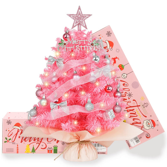 20" Mini Pink Christmas Tree, Artificial Small Christmas Tree with Lights, Tabletop Christmas Tree with Star Treetop,Bow Boxes and Ball Ornaments for DIY Christmas Decoration (Pink)