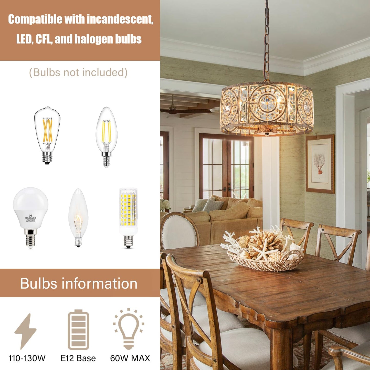 Zicbol Bronze Vintage Crystal Chandeliers for Dining Room 14.17" Drum Pendant Lights, Dining Room Light Fixtures Over Table, Hanging Chandelier for High Ceiling Kitchen Island Living Room Foyer