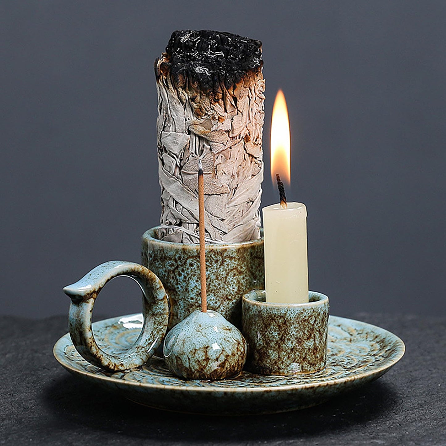 4 in 1 Ceramic Incense Burner Holder with Handle for Burning Sage, Palo Santo Stick, Joss Sticks, Candle in Your New House, Office, Yoga, Meditation Room (Speckled Blue)