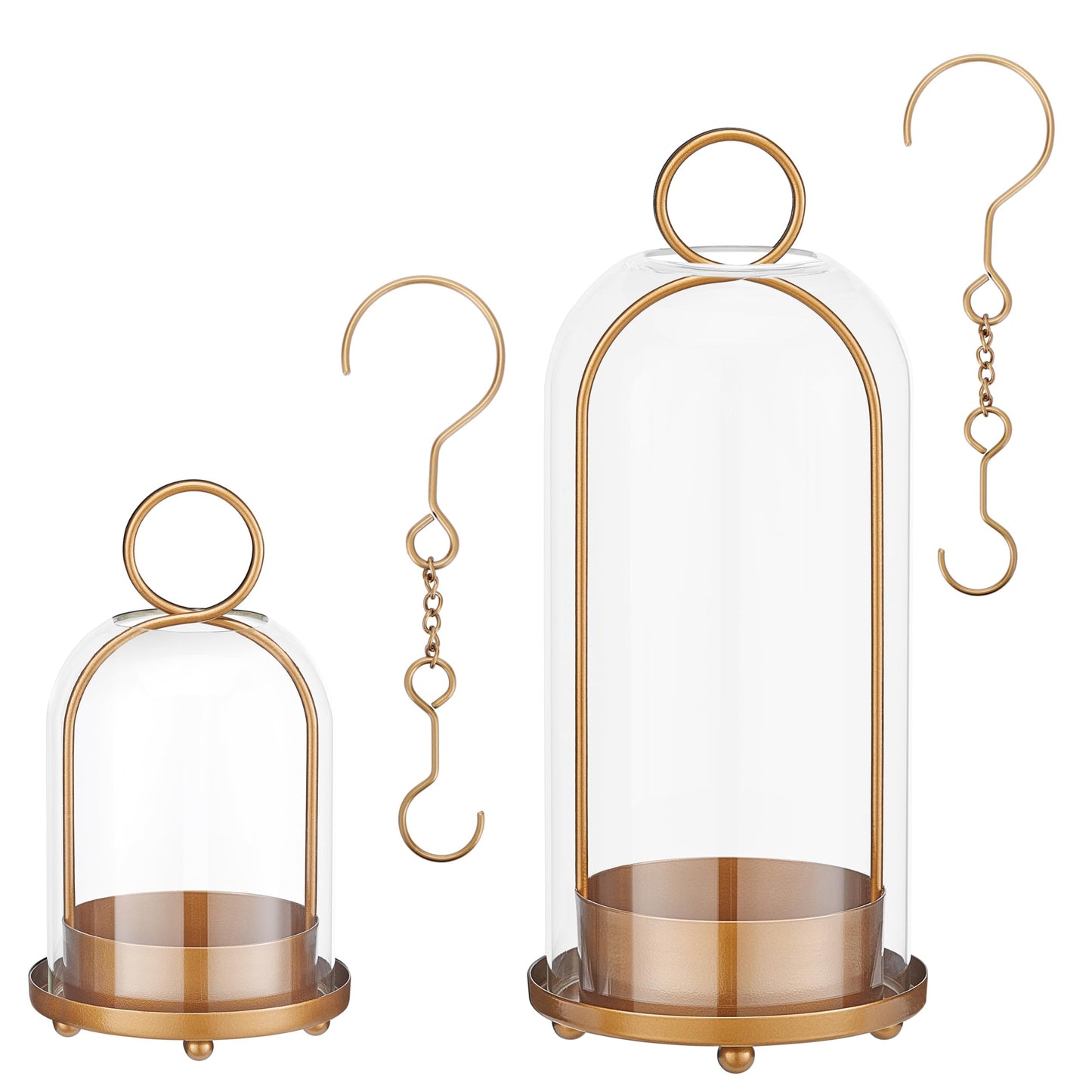 ECLSDL Hurricane Glass Candle Holders for Pillar Candles Set of 2 (5" & 4" Wide), Gold Metal Candlestick Holders, Modern Decorative Centerpiece Lanterns for Table Mantel Wedding Housewarming Gift