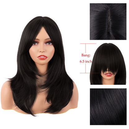 MapofBeauty 20 Inch/50 cm Long Layered With Bangs Straight Synthetic fiber Shoulder Length Hair for Daily Use or Party Wig (Black)