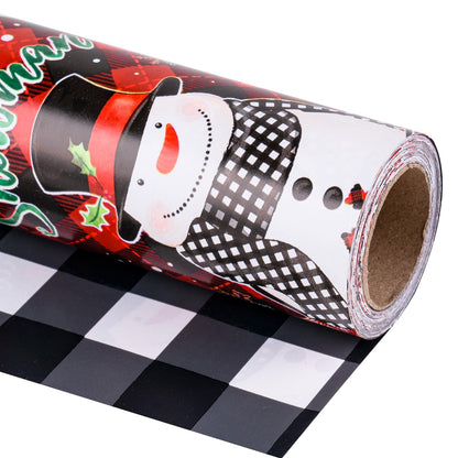 LeZakaa Christmas Wrapping Paper Mini Roll, Snowman & White Black Buffalo Plaid Xmas Reversible Design, Holiday Party Gift Wrap for Kids Boys Girls, 17 in x 32.8 Ft