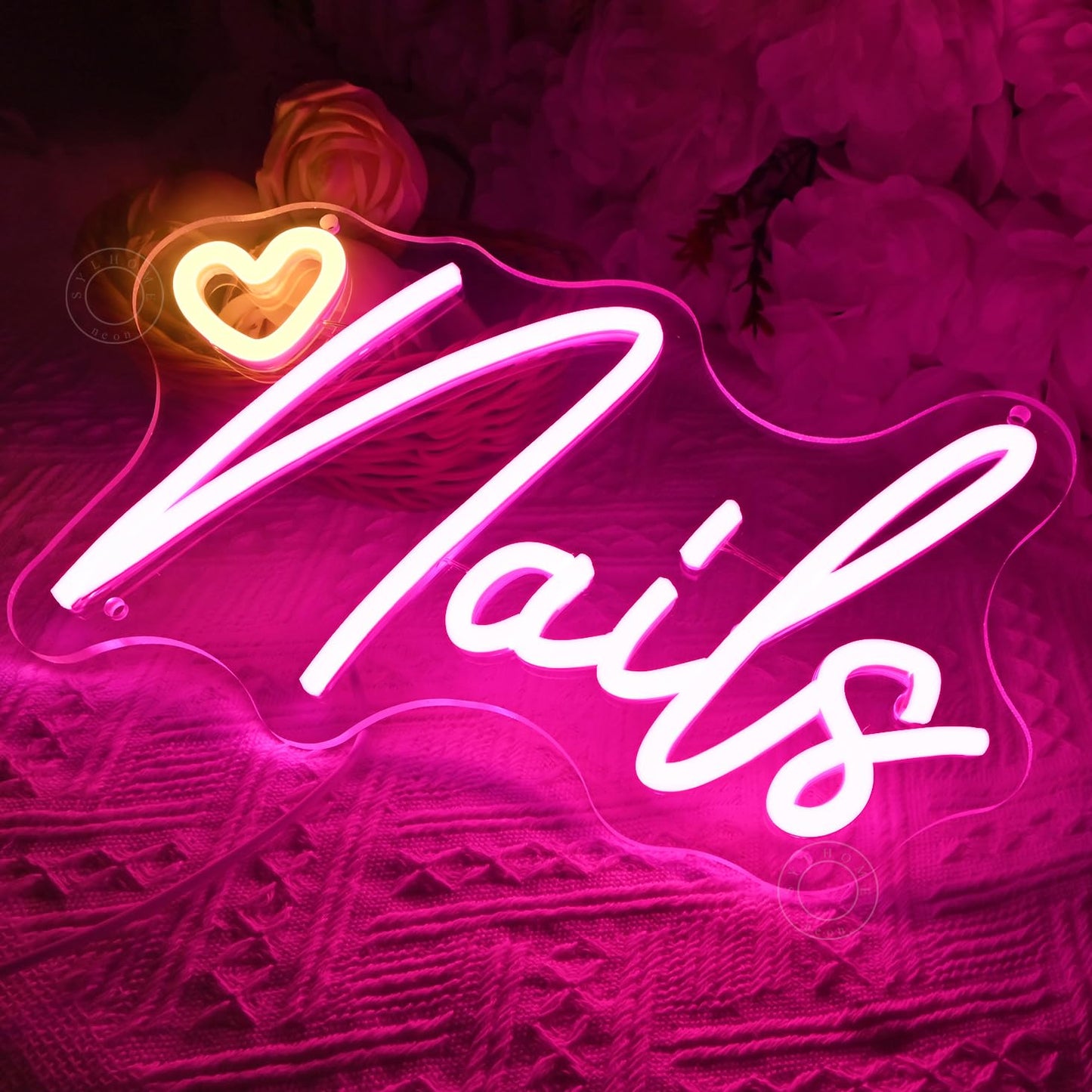 SYLHOME Led Neon Light Sign Nails With Heart Nail Studio Beauty Salon Business Makep Room Wall Sign Decor Birthday Party Backdrop 11.81" X 6.7" USB