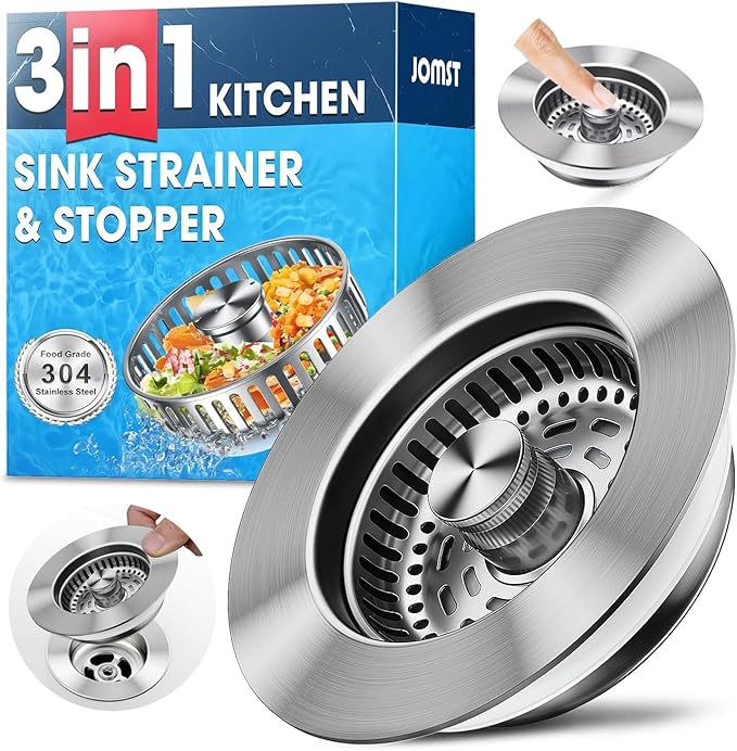 3-in-1 Stainless Steel Kitchen Sink Drain Strainer, JOMST Kitchen Gadget – Fast