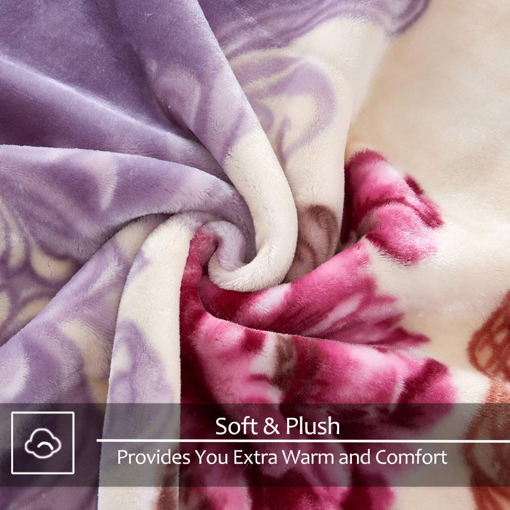JYK Queen Size Korean Mink Blanket, 5 LB Fleece Bed Blanket - 2 Ply Reversible 520GSM Silky Soft Plush Warm Blanket for Autumn Winter, A&B Pattern Printed, (Queen 75"x87", Light Purple Peony/Peony)