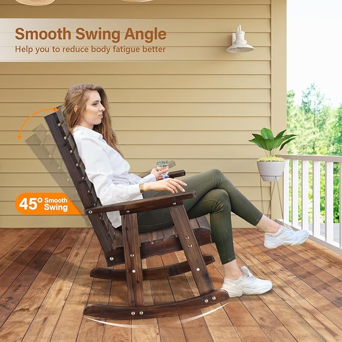 VINGLI Wooden Rocking Chair with High Backrest, Solid Fir Wood, Heavy Duty 600 LBS Patio Rockers for Indoor and Outdoor, Garden, Yard, Patio, Rustic