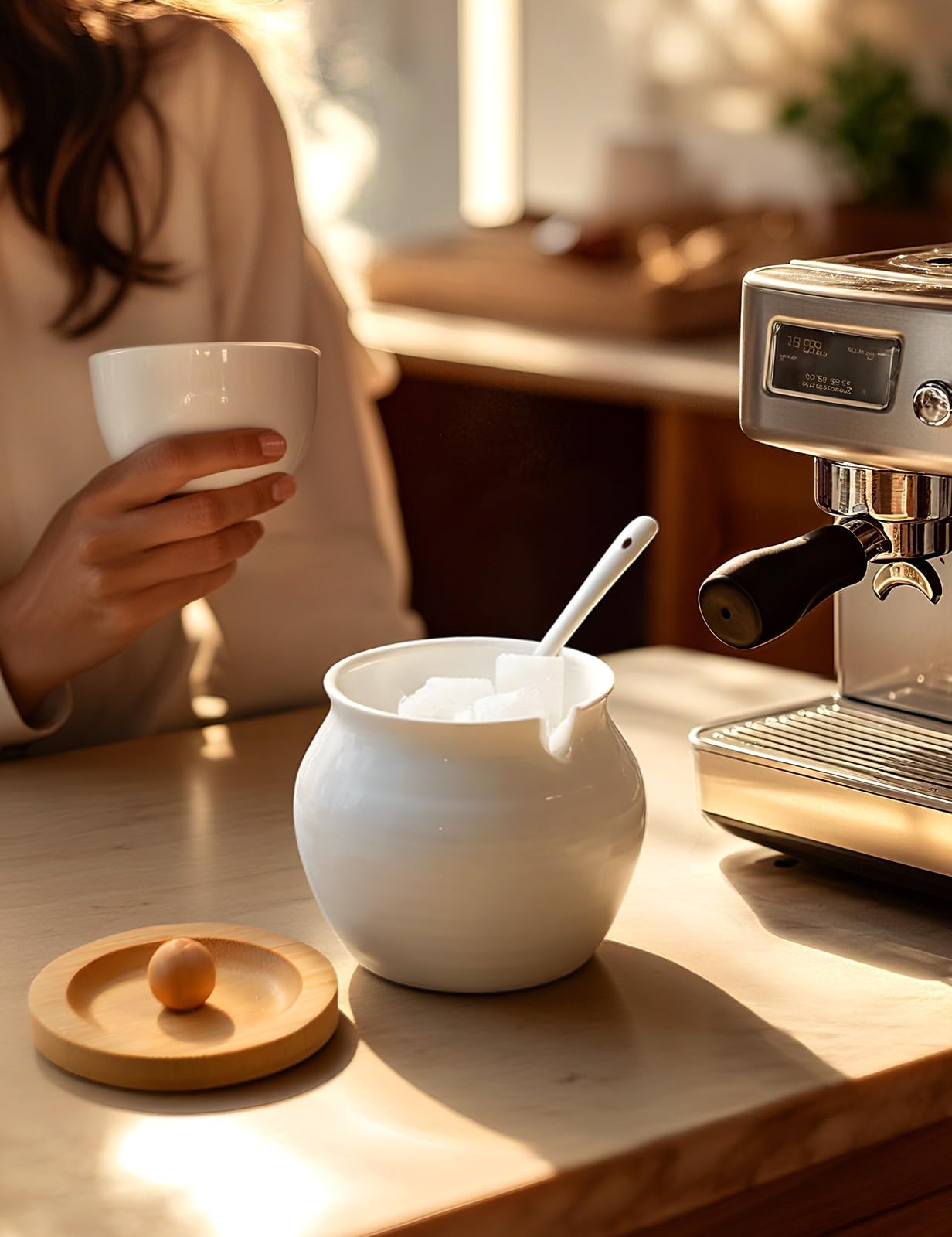 AISBUGUR Sugar Bowl with Lid and Spoon: 13oz Sugar Jar with Bamboo Lid,Ceramic Sugar Container for Coffee Bar - Countertop,Kitchen Decor (White)