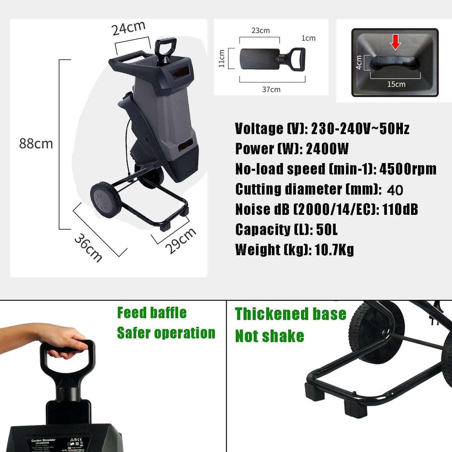 40mm Tree Branch Shredder, 4500rpm Portable Electric Garden Wood Chipper, 2400W 110V/220V Multifunctional Leaf Shredder with 50L Collection Bag&30m Power Cord, for Shredding Hedge Scrap, Bush Waste