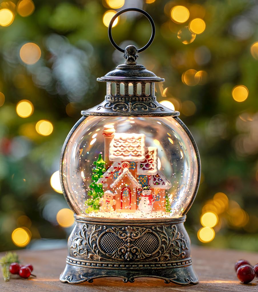 10" Christmas Snow Globes Lantern, Sparkling Musical Snowman Gingerbread House Lanterns, USB and Battery Powered Christmas Home Tabletop Decorations Gift