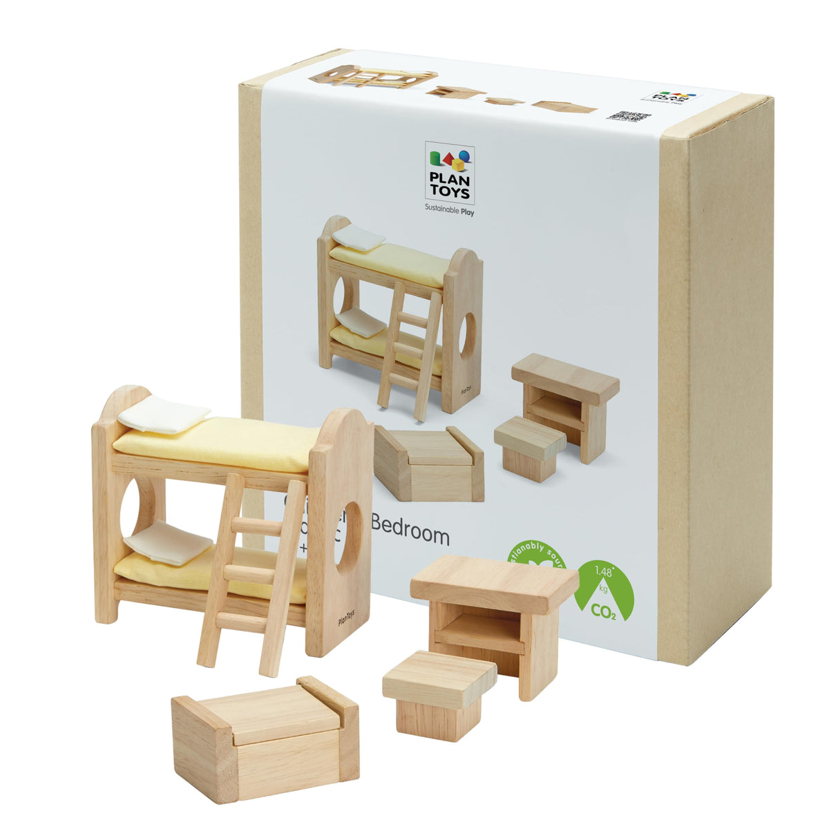 PlanToys® Wooden Children’s Room Classic Set for Montessori Small World Play | Creative Role Play and Social Interaction | Eco Friendly Wooden Dollhouse Bedroom Furniture for Imaginative Play