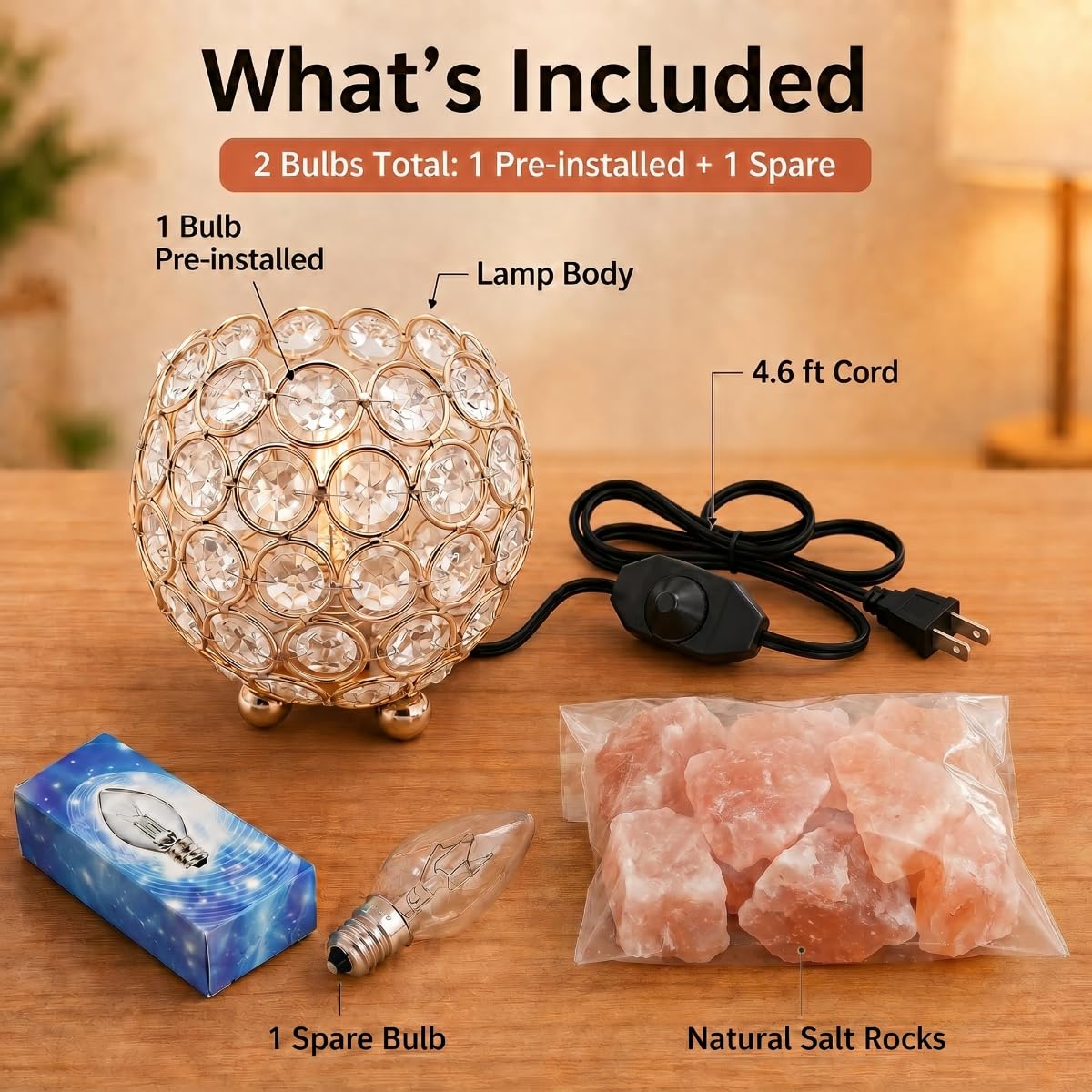LOOPUPU Himalayan Salt Lamp 5in Plug-in Natural Pink Salt Rock Night Light Dimmer Switch 2 Bulbs Included Bedroom Desk Decor (Jeweled Globe)