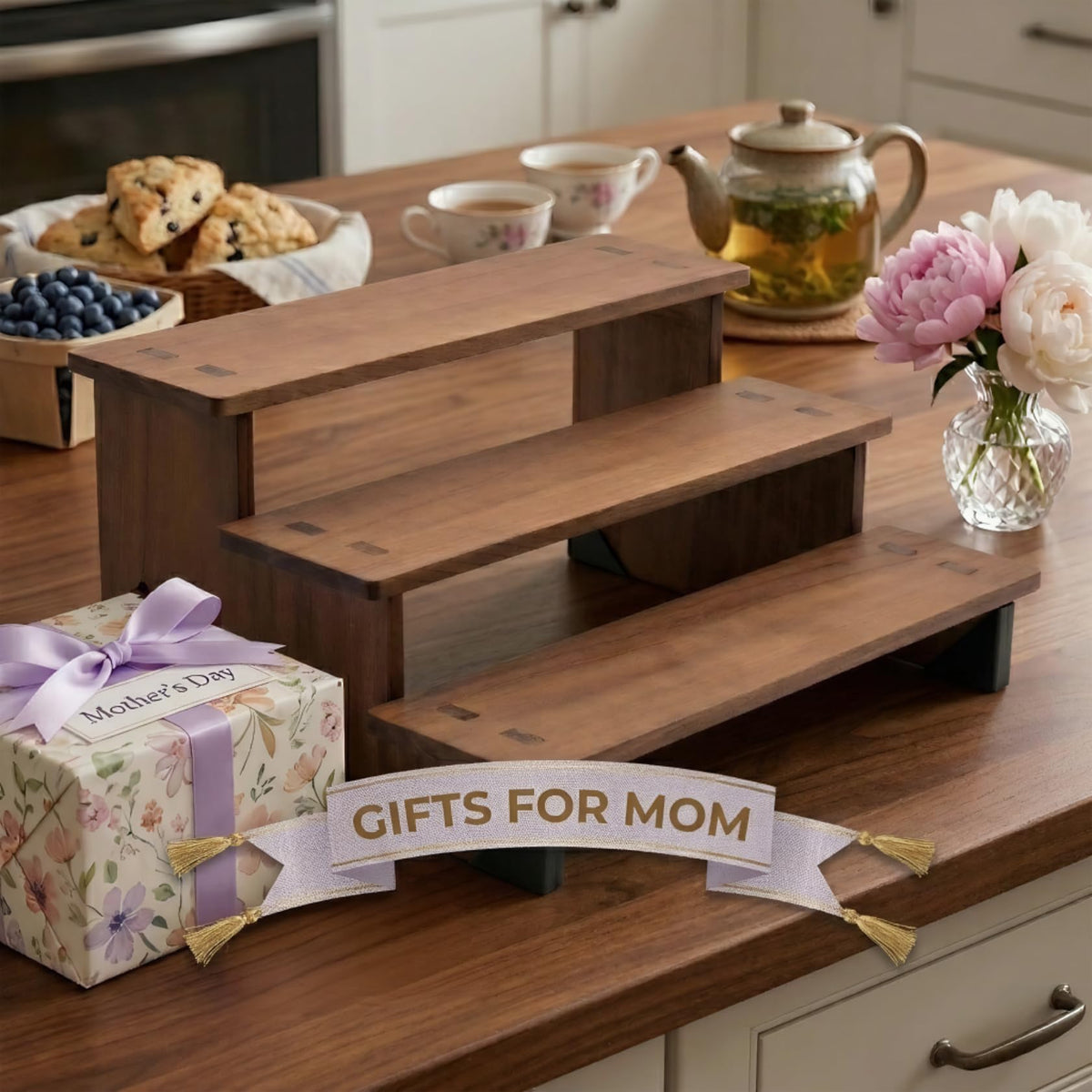 MiLiViNG 3 Tier Wooden Riser, Display Organizer Stand for Spice Jars, Coffee Bar, Perfume, Cupcakes, Vendor Display & Jewelry (15.7'' Spacious Long Size)