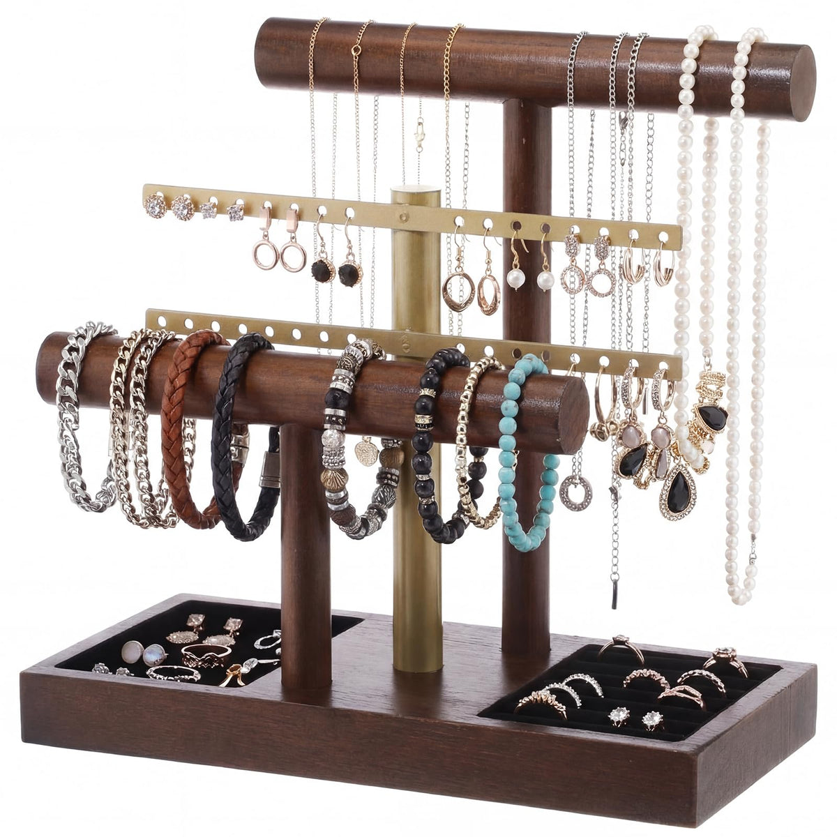 RattanView 3 Tier Bracelet Holder Display with Earring Holder Organizer T-bar Bangle Storage Rack Wooden Jewelry Organizer Stand Gifts for Bracelet Necklaces Earrings Rings Watches Storage Displays