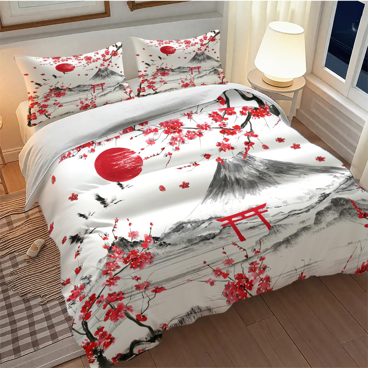Lnepty Japanese Bedding Set,Retro Orient Traditional Ink Painting Black Cat Red Cherry Blossom Floral Natural Landscape Asian Comforter Set with Pillowcase for Bedroom Bed Decor,Twin 86"x70"