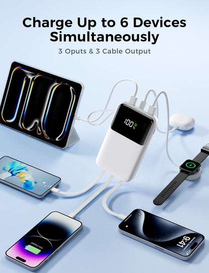 Power Bank, 15000mAh Portable Charger with Built in Cable, 22.5W Fast Charging, 6 Outputs, Slim Travel Essential Battery Pack with LED Display, Compatible with iPhone 17/16/15/14/13, Samsung, iPad