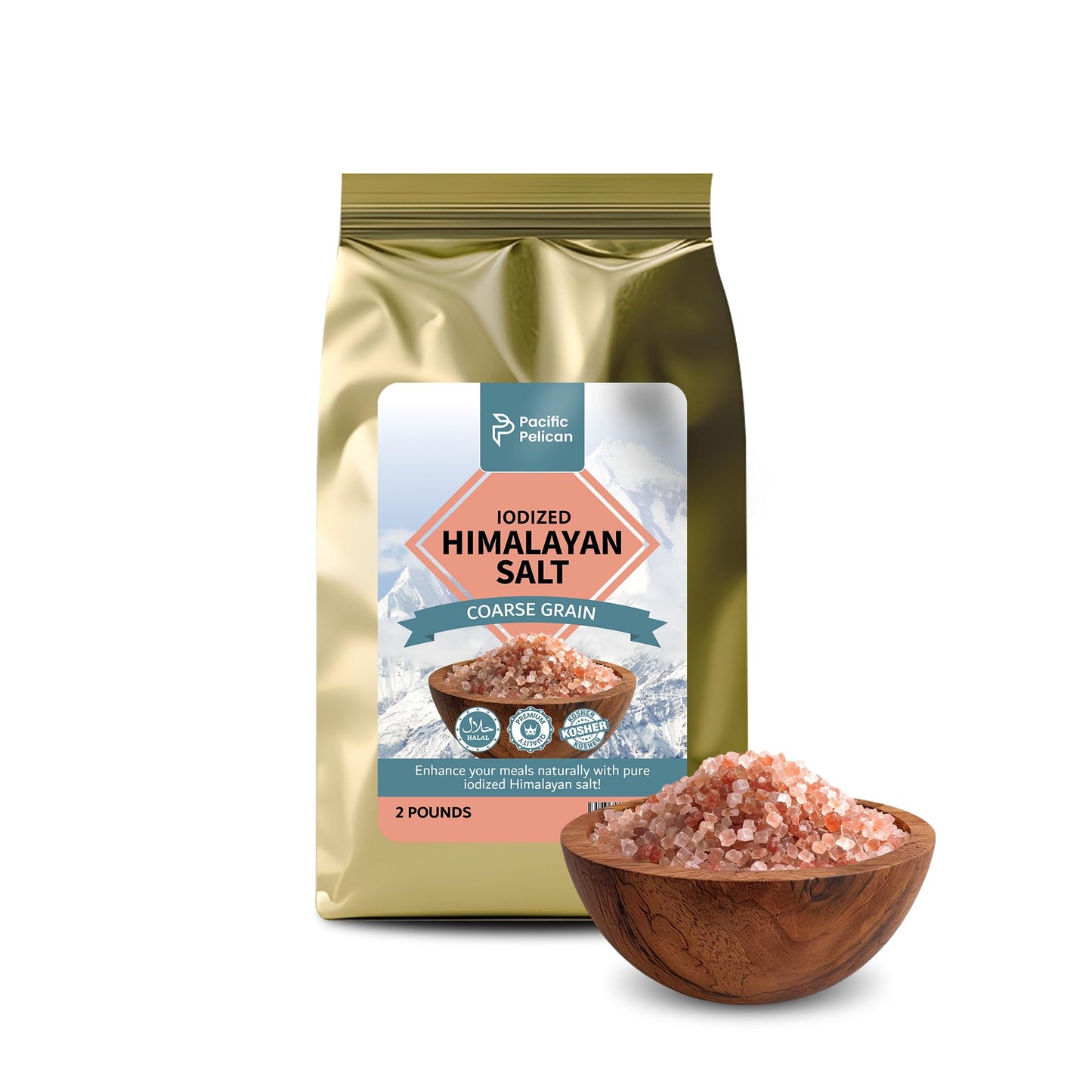 Pacific Pelican Iodized Himalayan Pink Salt | Coarse Grain, Unrefined, Pure Rock Salt | 2 Pounds | 100% Natural & Organic for Cooking, Seasoning & Wellness
