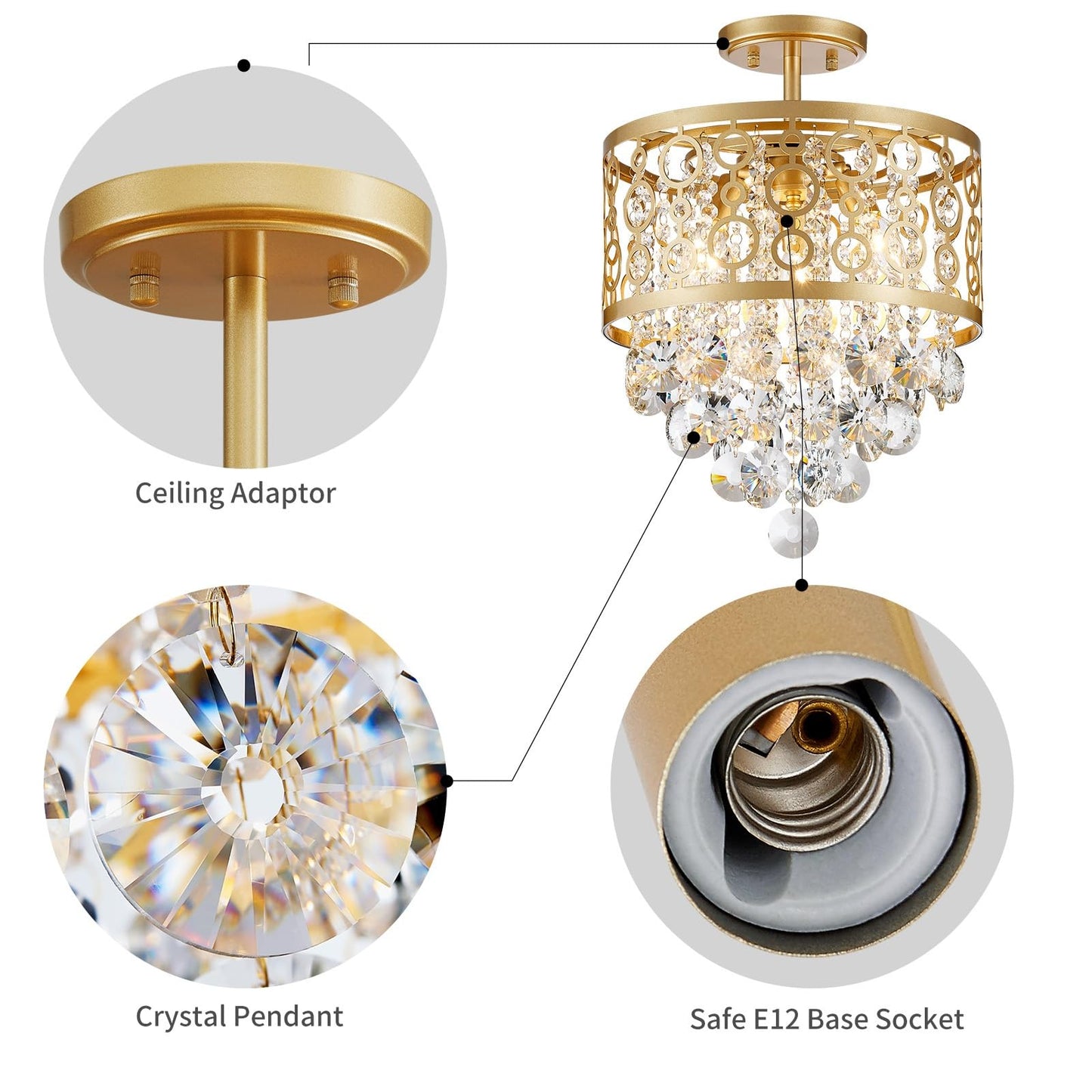 WUZUPS Crystal Drum Chandelier Flushmount Ceiling Light Modern Lighting Fixture for Entry Hallway Kitchen Bathroom Bedroom, H 16.3'' x W 13'', E12 Base, Gold