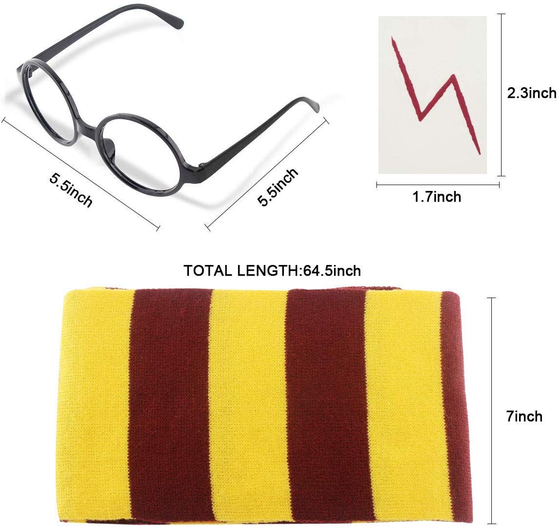 Novelty Scarf Wizard Glasses with Round Frame No Lenses 12 PCs Lightning Bolt Tattoos for Kids Christmas Birthday Party Cosplay Costume Accessories