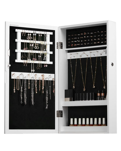 SONGMICS Lockable Jewelry Cabinet Armoire with Mirror, Wall-Mounted Space Saving Jewelry Storage Organizer, White UJJC51WT