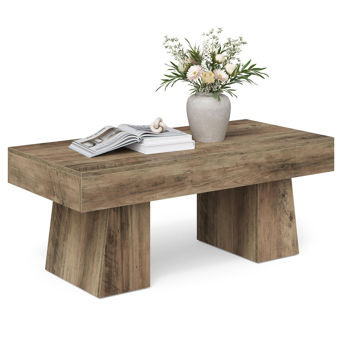 LITTLE TREE Farmhouse Coffee Table, 47 Inches Wooden Rectangular Accent Center Tables with Thick Base, Modern Low Cocktail Tea Furniture for Living Room (Rustic Brown)