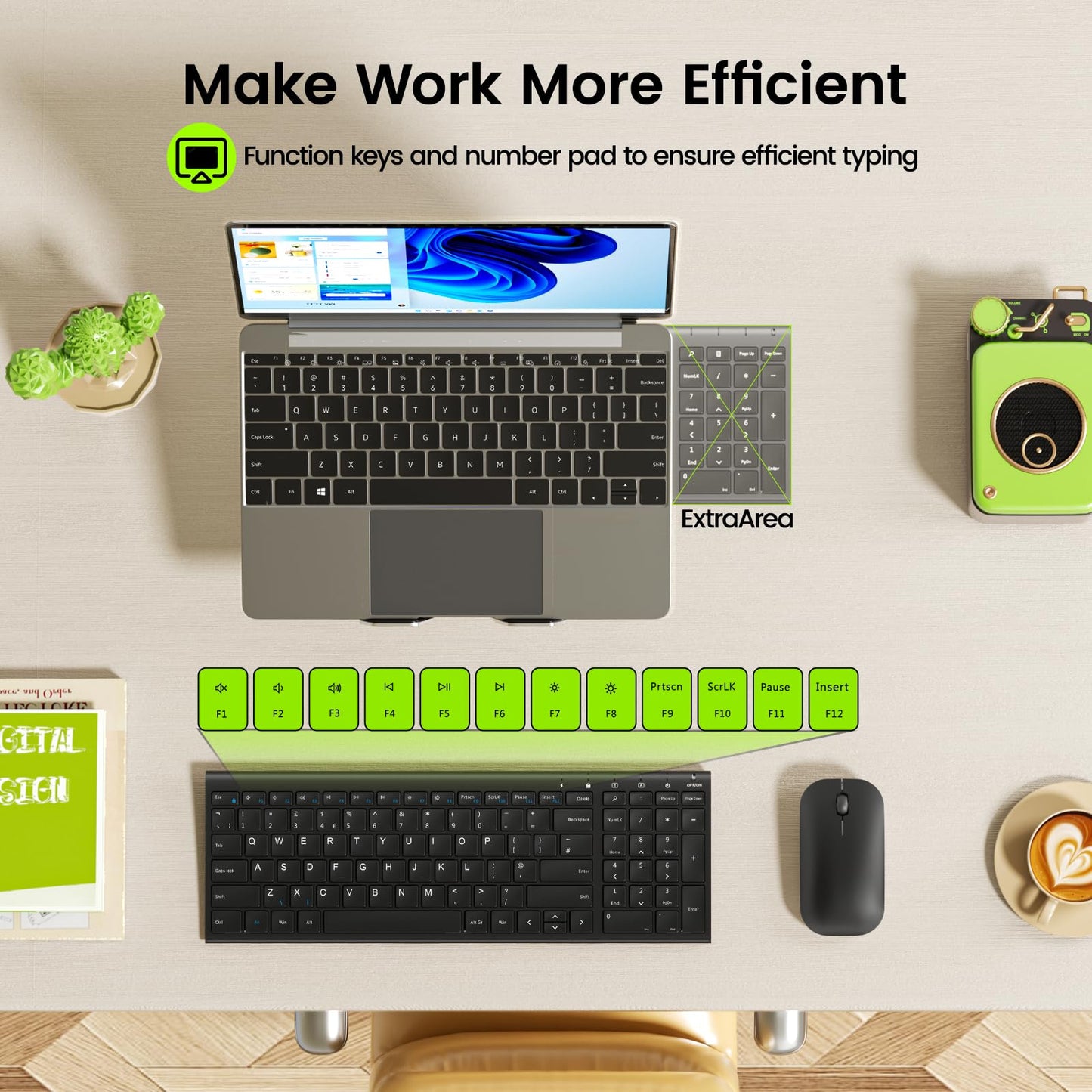 seenda WGJP-031B Wireless Keyboard Mouse Set, Ultra Thin Compact Rechargeable Aluminum Silent Computer Keyboard & Mouse Combo UK QWERTY Layout for Office, Home, Business, Black