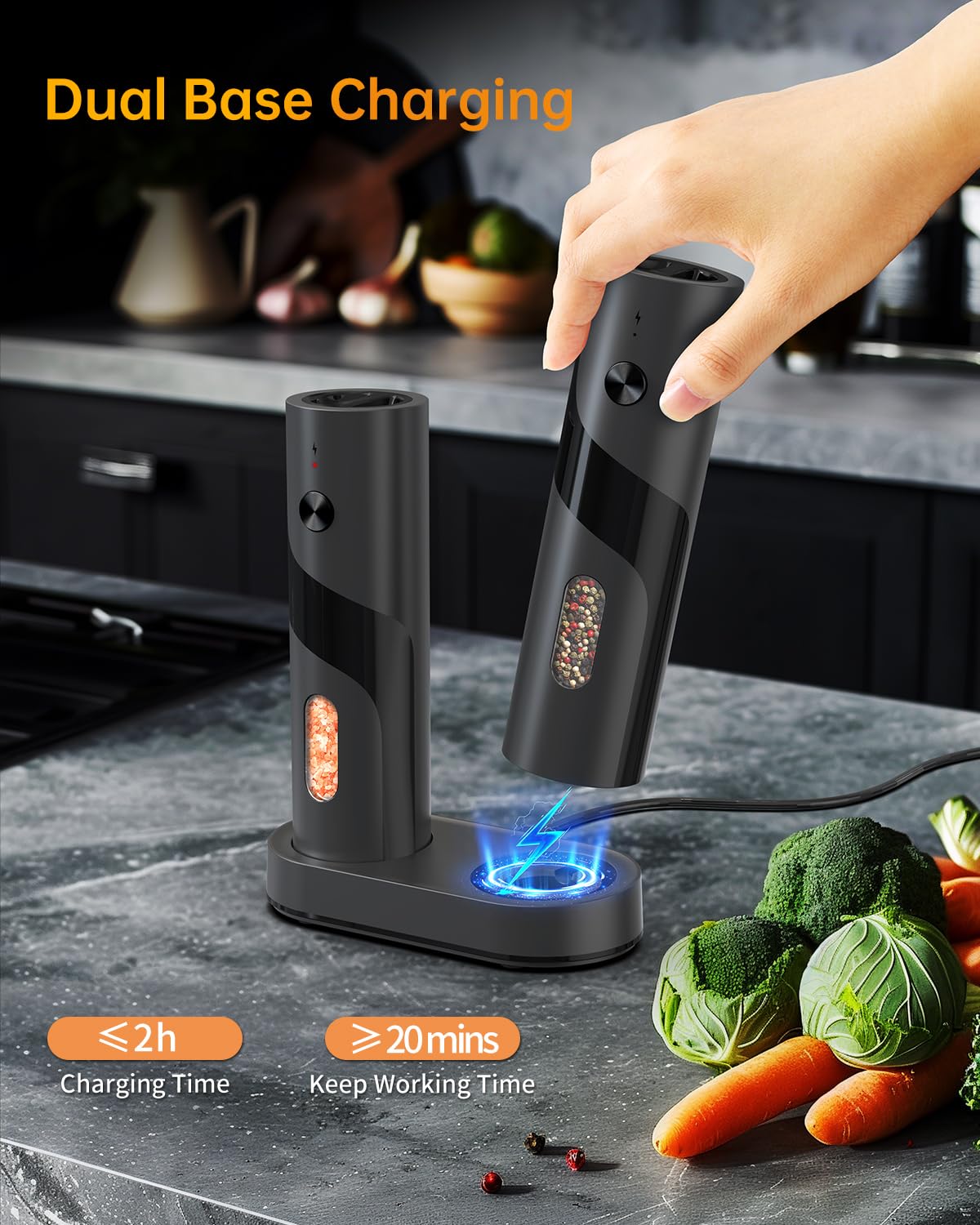CIRCLE JOY Rechargeable Electric Salt and Pepper Grinder Set Automatic Pepper Mill Grinders with Charging Base, Adjustable Coarseness, 110ml Capacity and White LED Light, Black