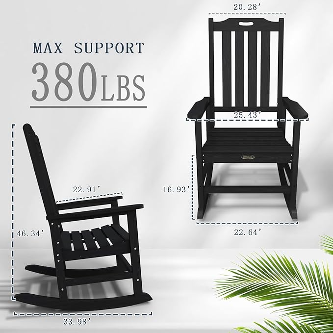 Oversized Rocking Chair, Outdoor Rocking Chair for Adults, All Weather Resistant Porch Rocker for Lawn Garden, Black