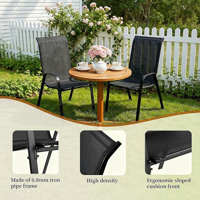 MAMIZO Patio Dining Chairs, Stackable All Weather Teslin Chair, Heavy Duty Outdoor Breathable Chairs Set, w/Armrests, Upgraded Chair FeetW/Strenthened Iron Spacers, 330 LBS (8, Black)