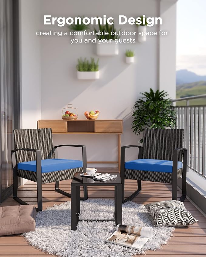 3 Piece Patio Bistro Set Patio Furniture Set Outdoor Wicker Rocking Furniture Conversation Set with Tempered Glass Coffee Table for for Front Porch Balcony and Deck (Blue Cushion)