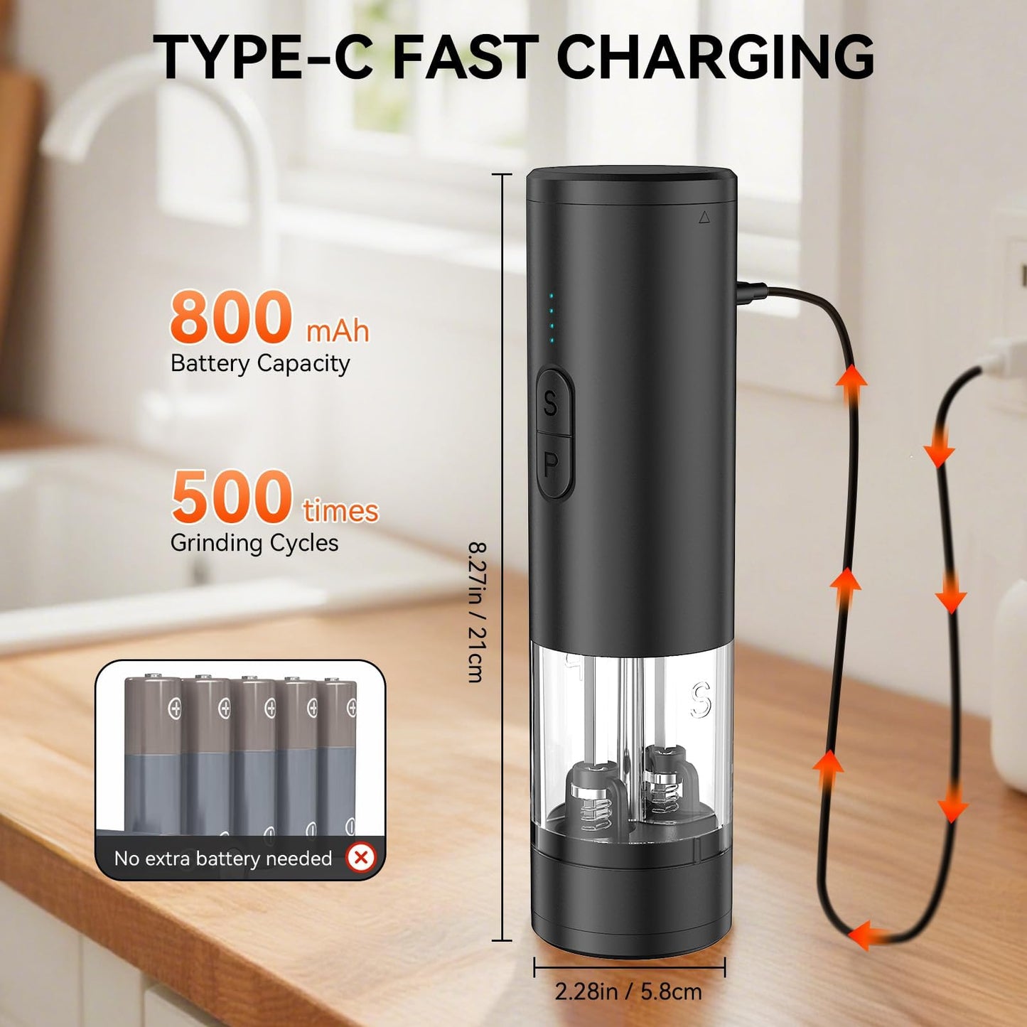 HeatBay 2 in 1 Electric Salt and Pepper Grinder Set, USB Rechargeable, Automatic Salt and Pepper Mill Shakers with Battery Display, LED Light, Adjustable Coarseness Ideal for Kitchen Gift(Black)