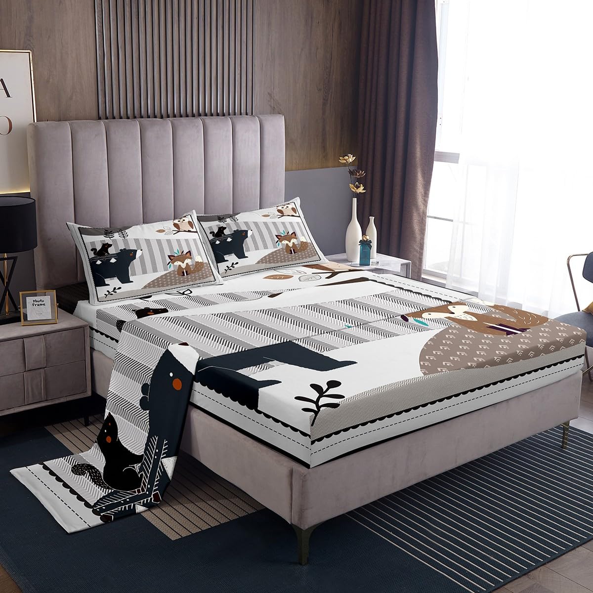 Kids Cartoon Animal Fitted Sheet King Size 4pcs,Cute Bear Owl Fox and Plant Bedroom Decor Bed Shee Set for Man,Exotic Indian Style Ultra Soft Bedding Set (1 Fitted,1 Flat,2 Pillows)