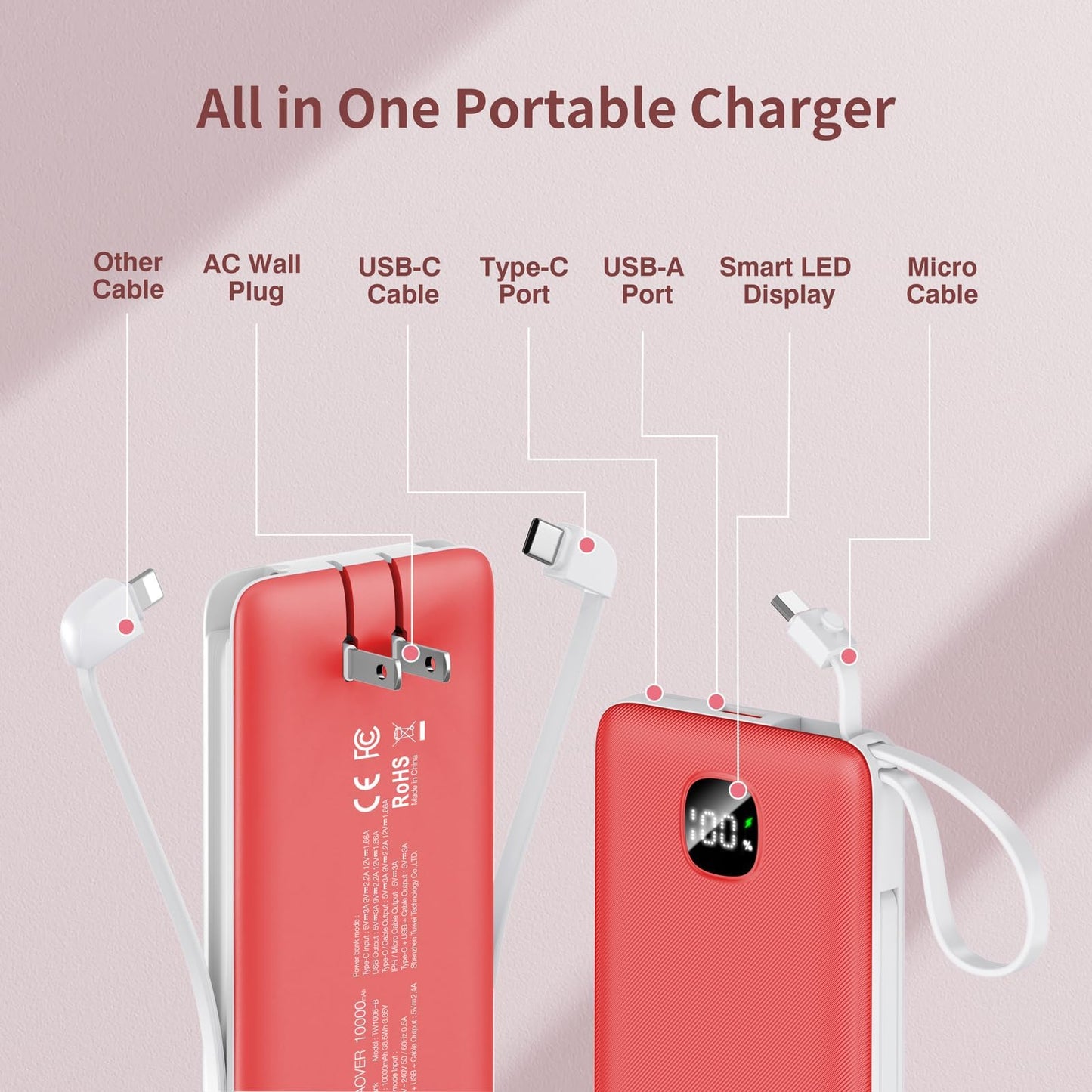 Portable Charger with Built-in Cables&AC Wall Plug,Slim 10000mAh 22.5W Fast Charging Power Bank,5 Output 2 Input USB-C External Battery Pack Compatible with iPhones,Samsung,Android, etc