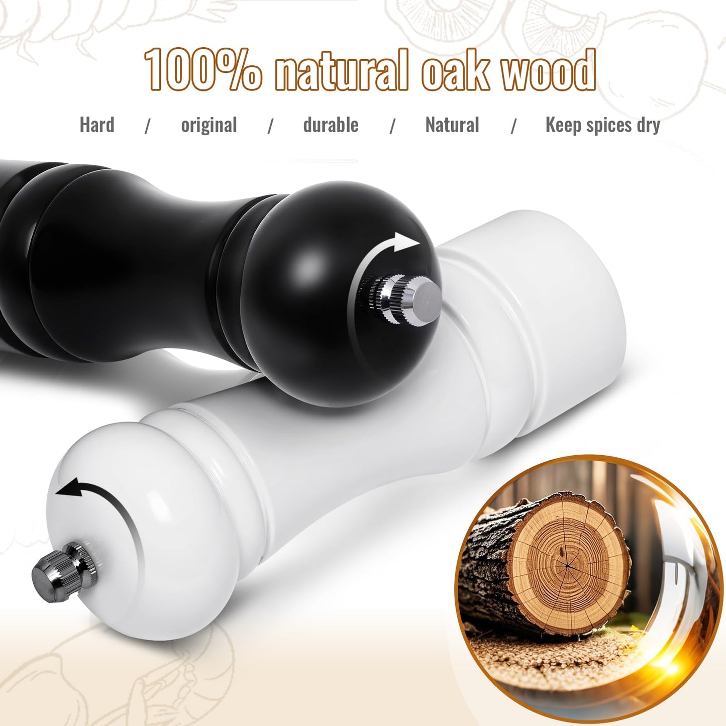 2Pack Wood 6.5 Inches Salt and Pepper Grinder Set and Adjustable Manual Salt and Pepper Mills, with Ceramic Grinding Mechanism, Housewarming Gifts, Cooking Gifts for Men & Women(Black & White)