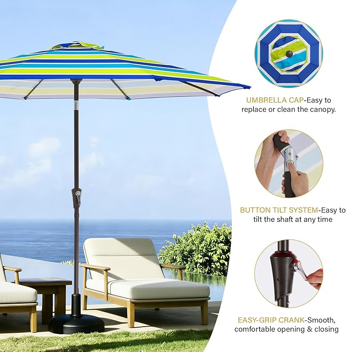 MEWAY 9ft Patio Umbrella Outdoor Table Umbrellas with Push Button Tilt and Crank, Market Umbrella 8 Sturdy Ribs for Deck, Garden, Pool and Backyard, Blue-Green Stripe