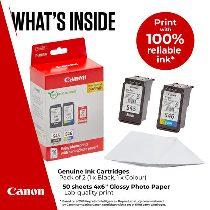 Canon Ink & Paper Multipack - PG-545/CL-546 Genuine Printer Ink Cartridges 2 Pack (1 x Black, 1 x Colour) & 4x6 Photo Paper (50 x Sheets)