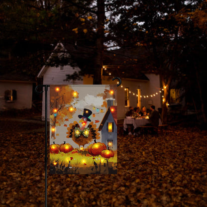 Thanksgiving Lighted Fall Garden Flag, Solar Outdoor Decorative Led Flags Yard Decor, 8 Lighting Modes Led Flag,12x18 Double Sided Turkey Pumpkin Halloween Decorations for Home Porch Outside