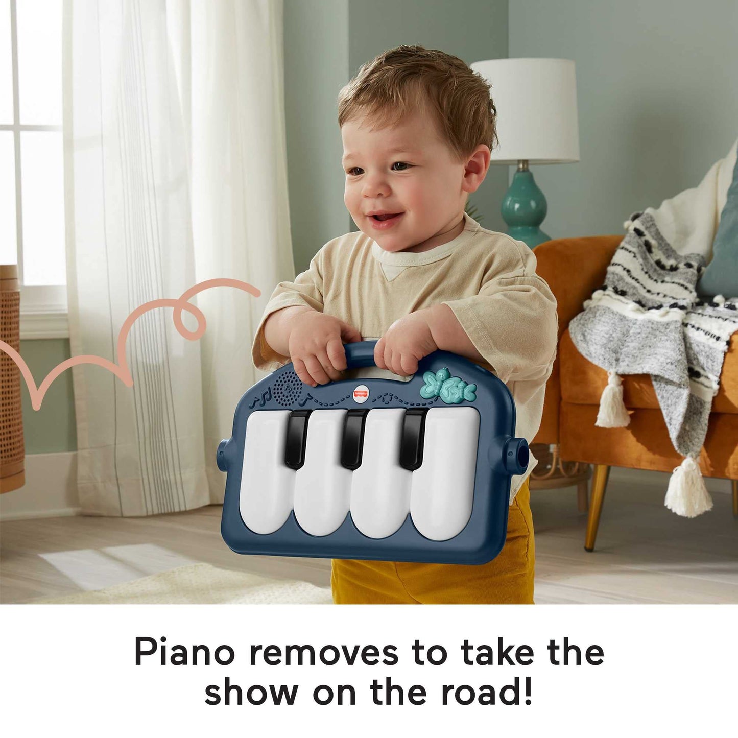 Fisher-Price Baby Playmat Kick & Play Piano Gym with Musical and Sensory Toys for Newborn to Toddler, Navy Fawn, HKX37