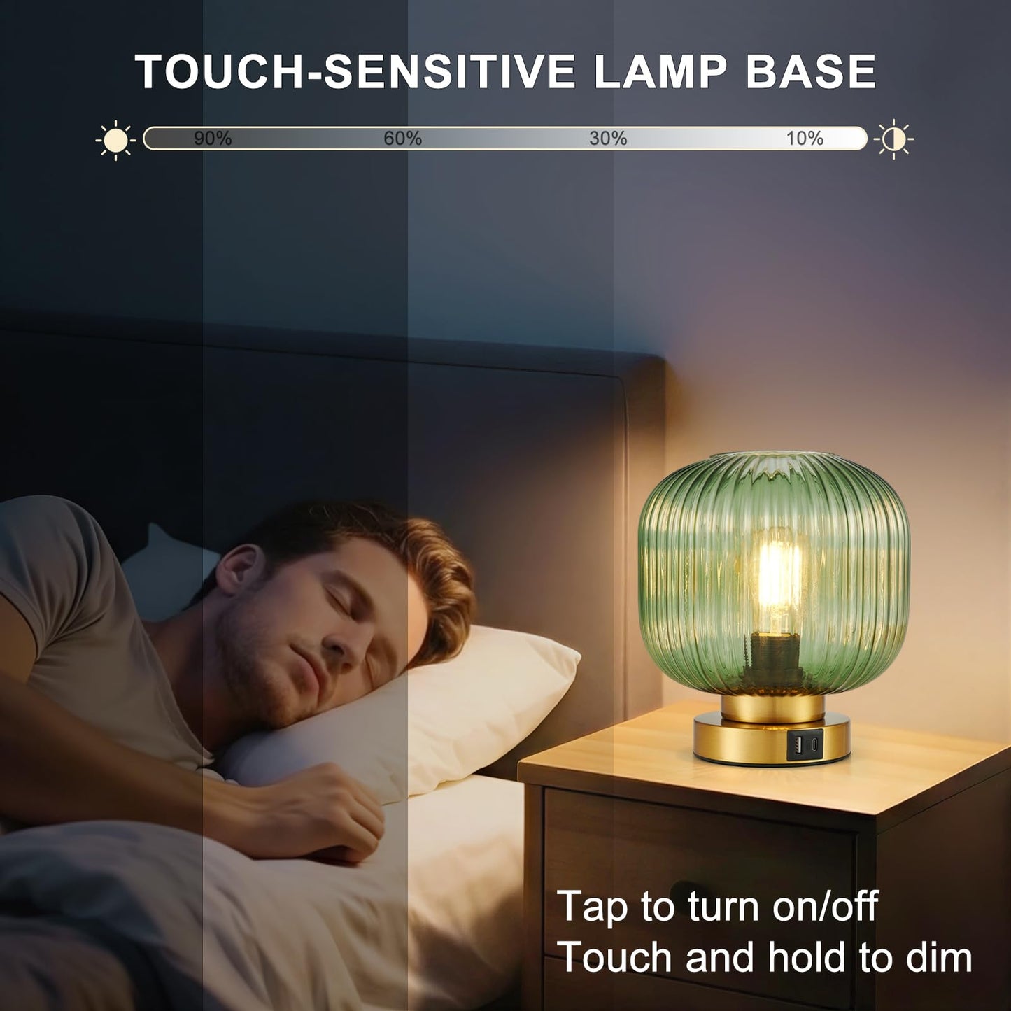 Touch Table Lamp with USB C+A Charging Ports, 3-Way Dimmable Bedside Lamp for Bedroom, Green Glass Shade & Brass Base, Plug-in E26 Desk Lamp for Nightstand Living Room Home Office Home Décor