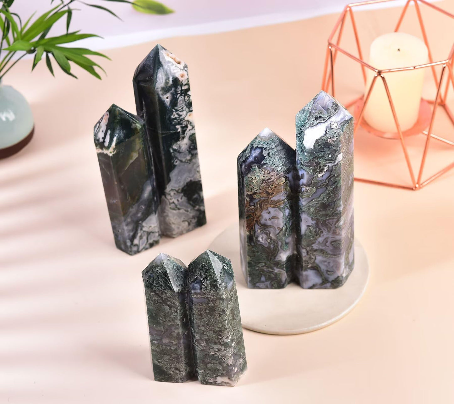 VIZYTOU Large Heaing Crystal Stone Tower Two Pointed Wand Column Moss Agate Obelisk Meditation Stone 1.7-2.2 Pound