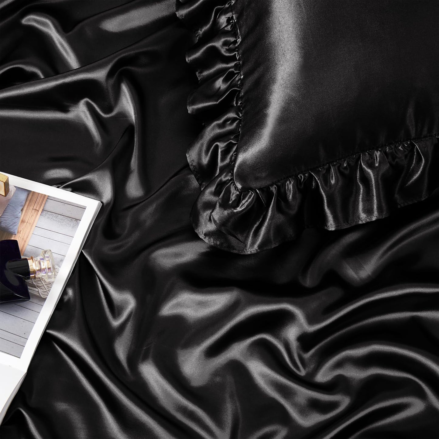 Homiest Ruffled Satin Sheets Full Size 6pc Set - Black Bed Sheet Set with 15 Inch Deep Pocket Fitted Sheet, 1 Flat Sheet, 2 Ruffled Pillow Shams & 2 Pillowcases, Similar to Silk Sheets