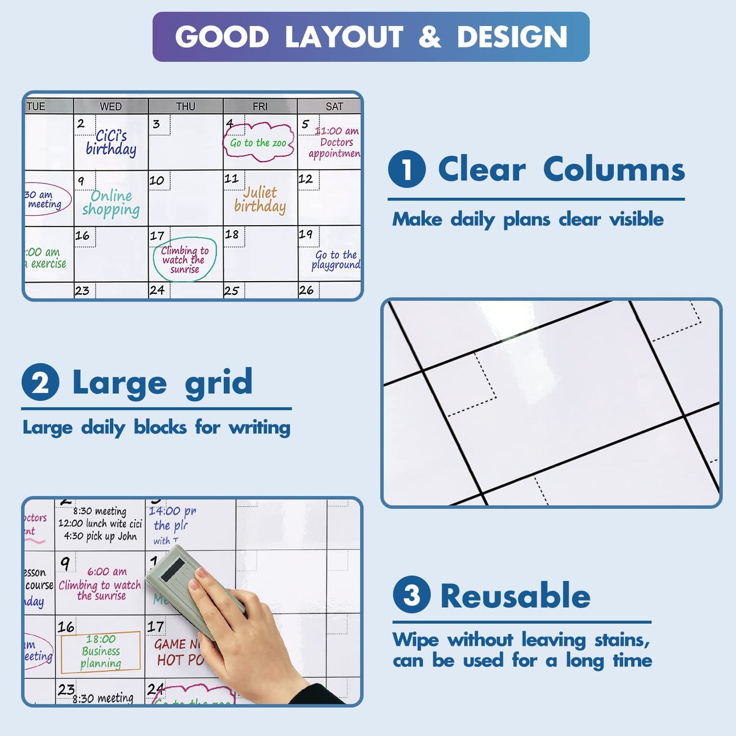 Jumbo Dry Erase Yearly Whiteboard Wall Calendar, 55" x 63", Huge 12 Month Laminated Erasable White Board, Giant Annual Family Schedule Planner, Large Undated Reusable Year Poster