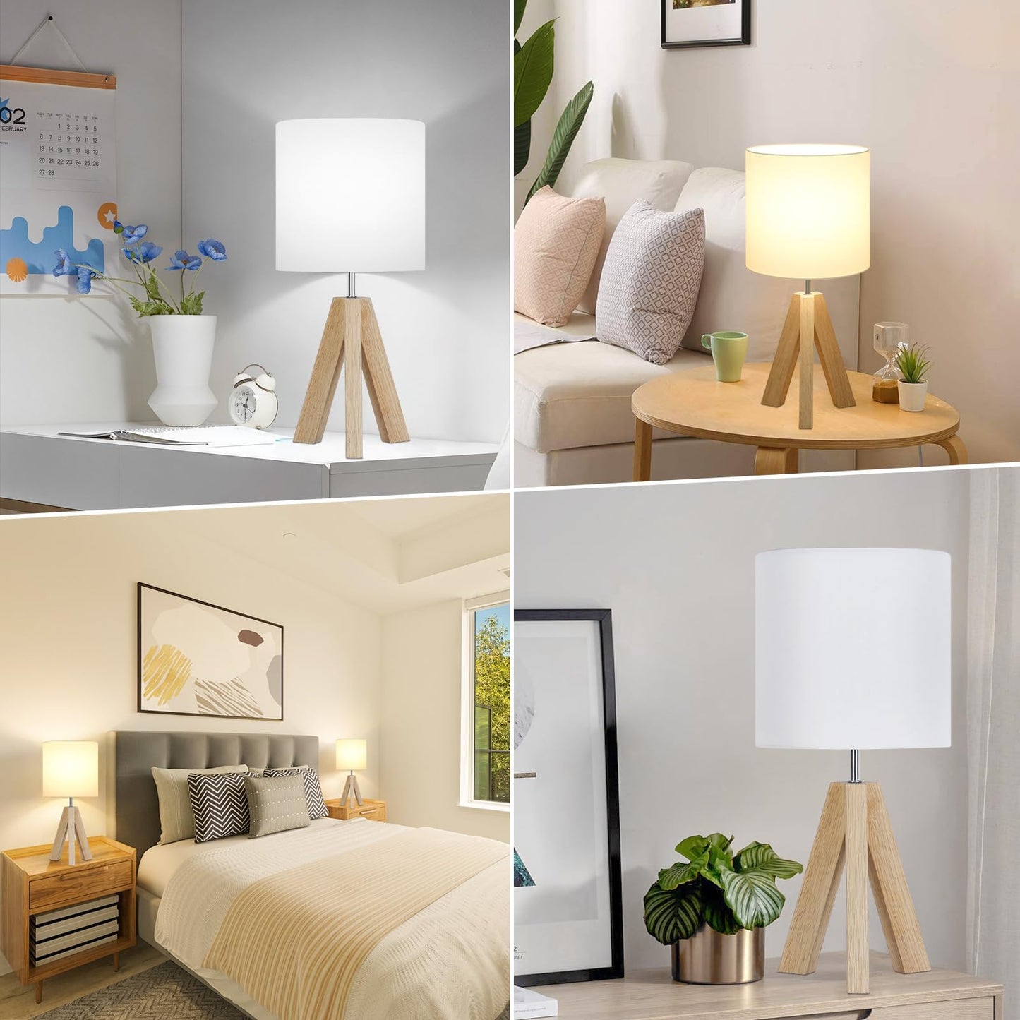 Small Beside Table Lamp, Wood Tripod Table Lamp with White Fabric Shade, Cute Boho Nightstand Minimalist Desk Lamp for Bedroom Living Room Nursery Kids Room Office Dorm, Bulb Not Included